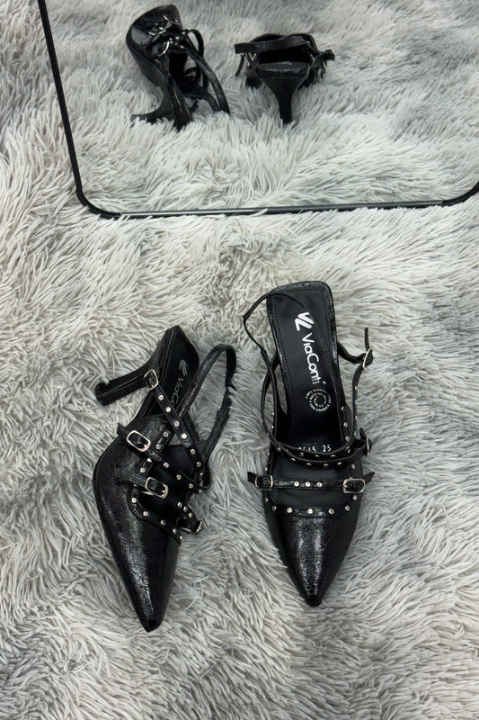 IVETTE Zapatilla de tacón Negro hebillas y estoperol