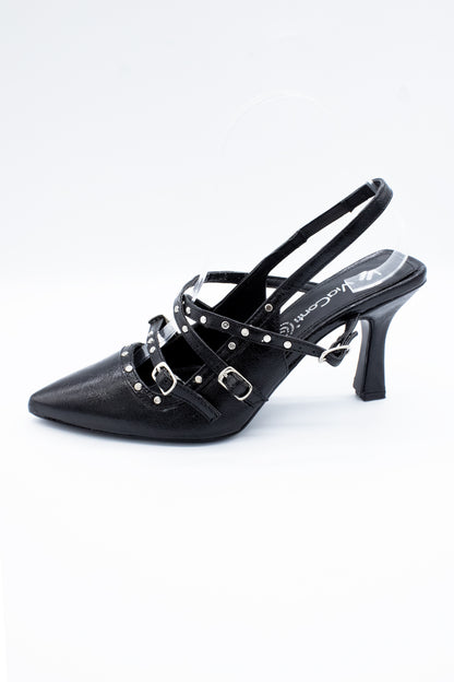 IVETTE Zapatilla de tacón Negro hebillas y estoperol