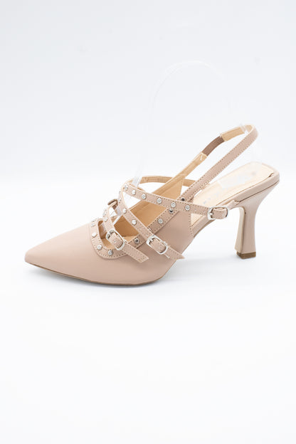 IVETTE Zapatilla de tacón Beige hebillas y estoperol
