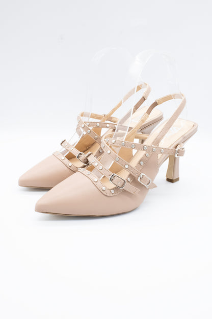 IVETTE Zapatilla de tacón Beige hebillas y estoperol