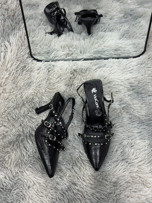 IVETTE Zapatilla de tacón Negro hebillas y estoperol