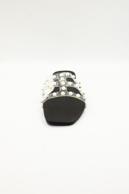 BRISA Sandalia de piso transparente y negro con perlas