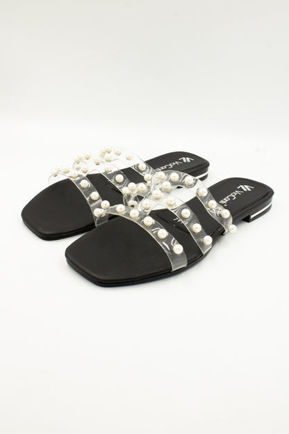 BRISA Sandalia de piso transparente y negro con perlas
